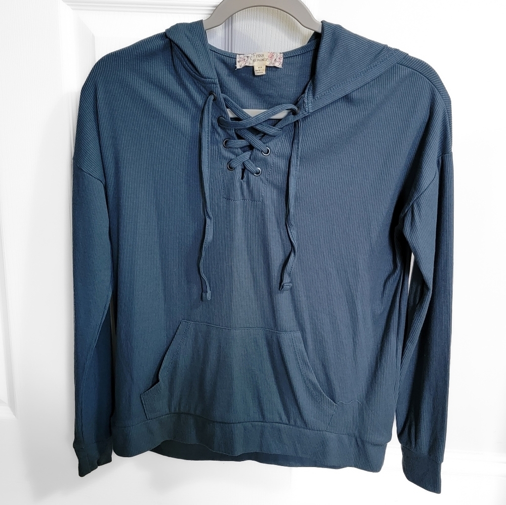 Pink Republic Teal Blue Ribbed Long Sleeve Hoodie Size XS